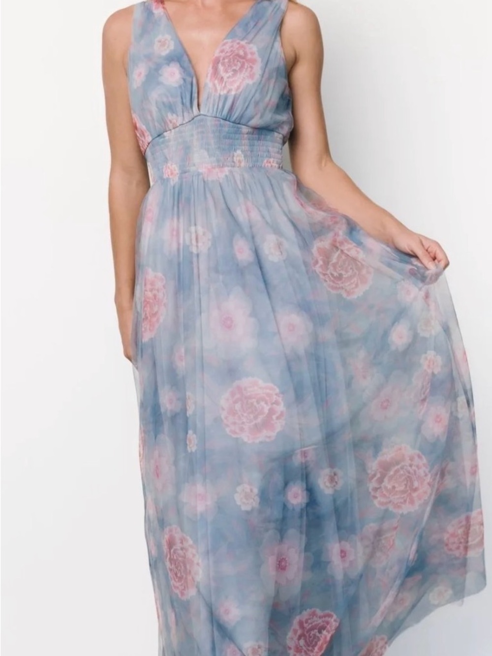 Dusty Blue Floral V-Neck Maxi Dress with Pink Rose Print